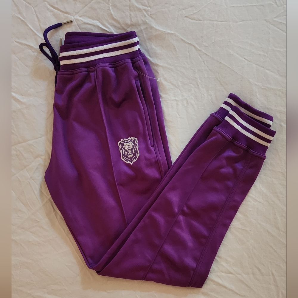 NWOT SPERGO "Corey" Joggers in purple with white varsity ribbing -- SZ L